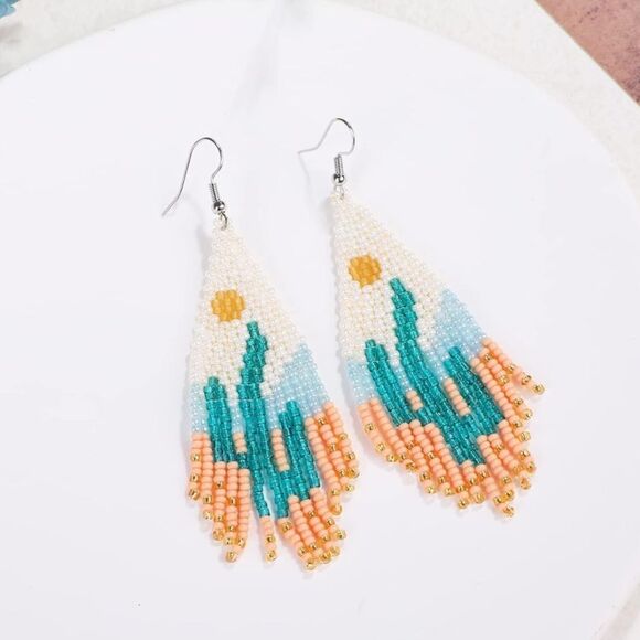 Desert Cactus Boho Seed Bead Tassel Dangling Statement French Wire Hook Earrings - Picture 2 of 6